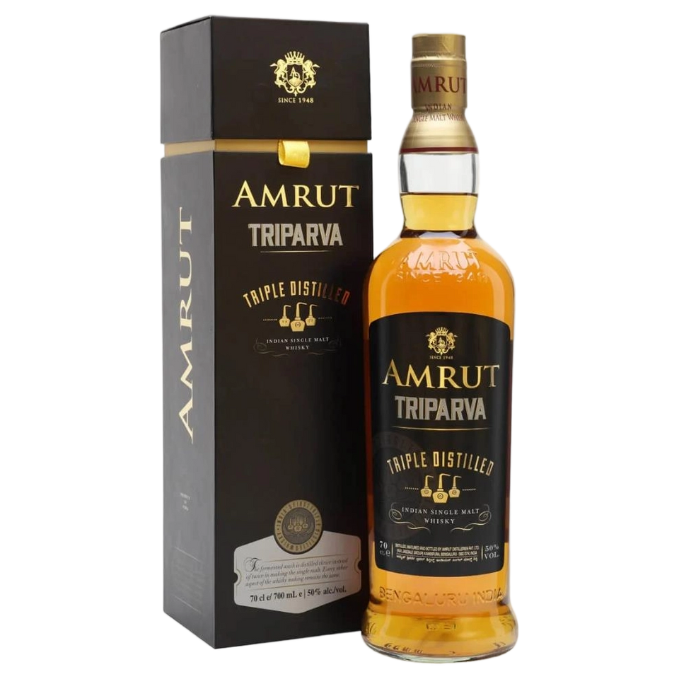 A bottle of Amrut Triparva Triple Distilled Indian Single Malt 50% 700ml