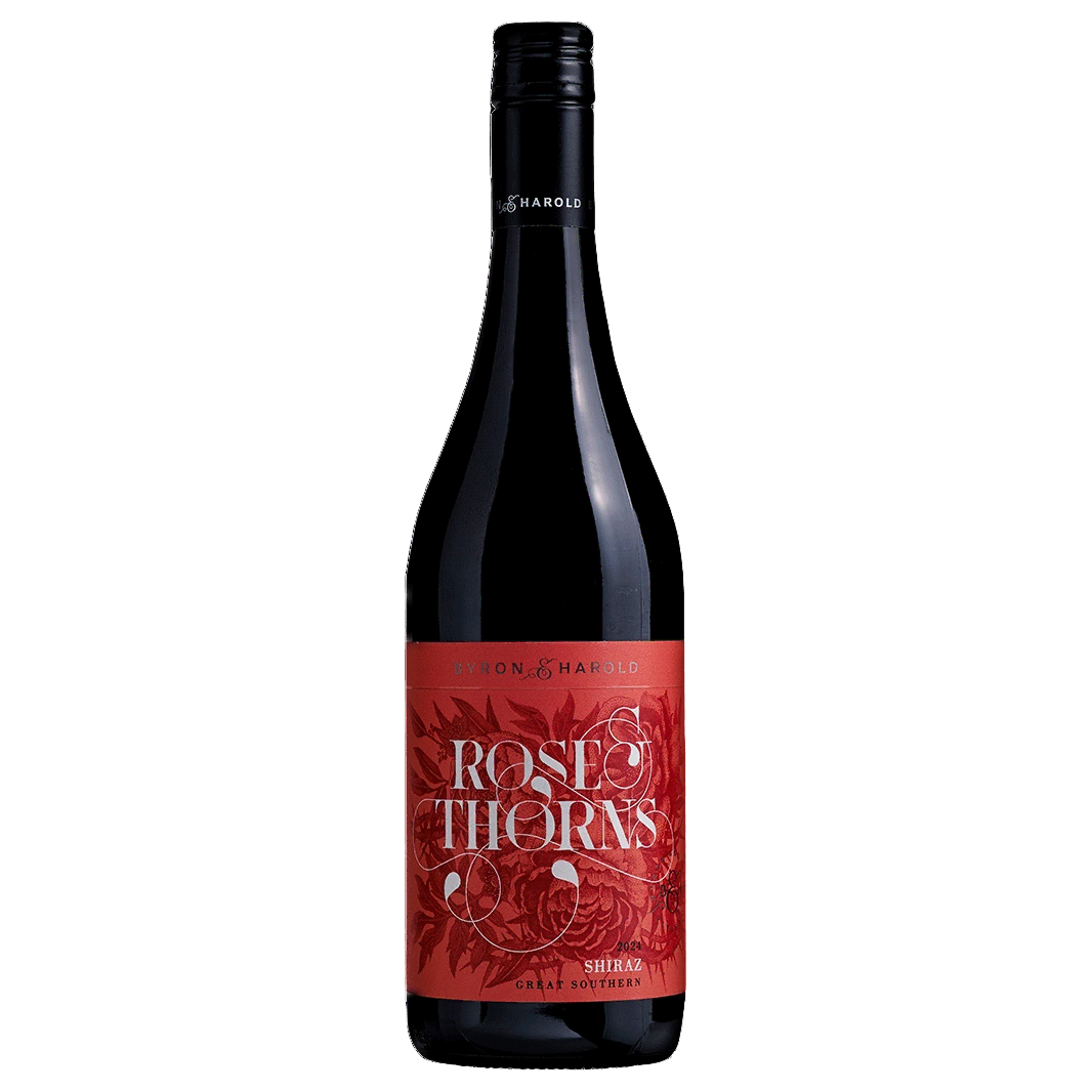 A bottle of Byron & Harold Rose & Thorns Shiraz 2024 750ml Red Wine