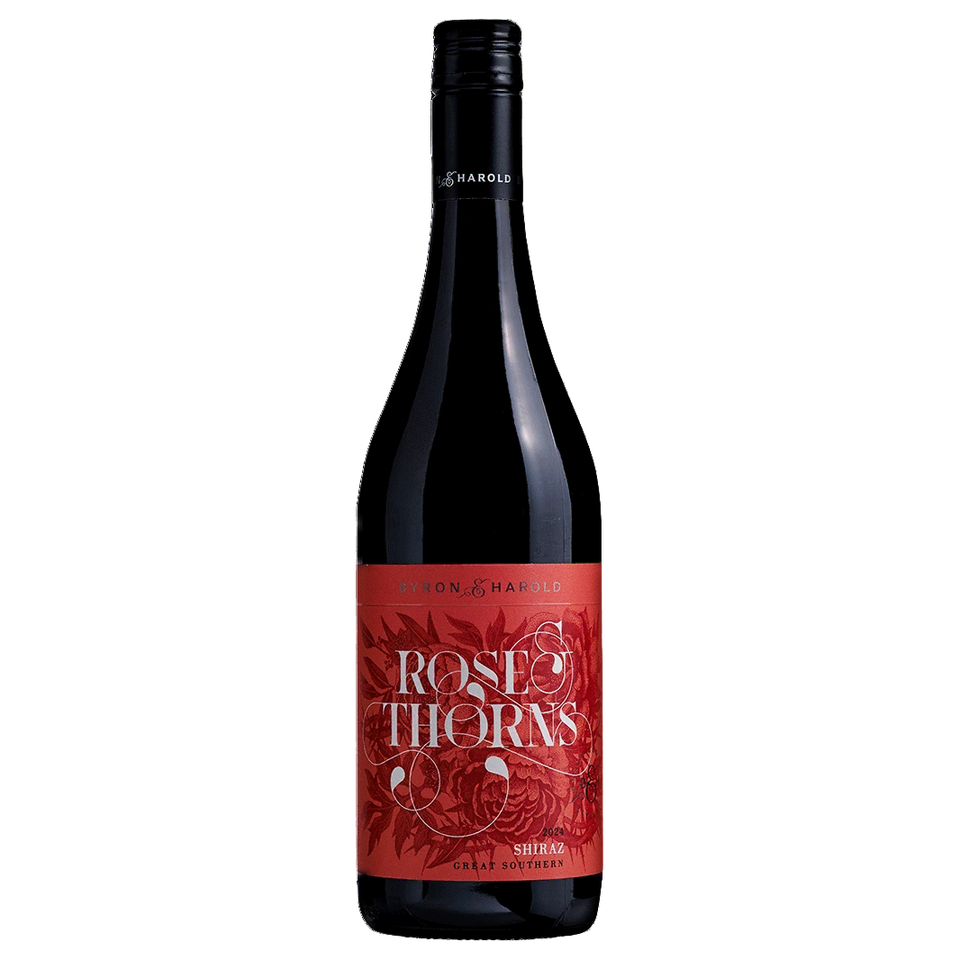 A bottle of Byron & Harold Rose & Thorns Shiraz 2024 750ml Red Wine