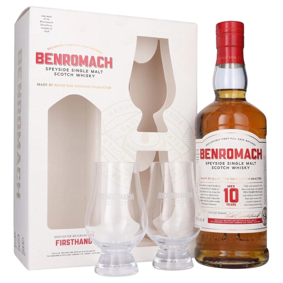 A bottle of Benromach 10YO 43% Gift Pack with 2 Glencairn 700ml