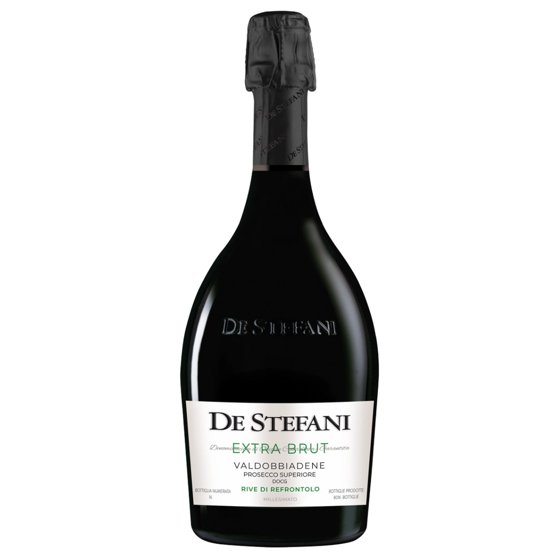 A bottle of De Stefani Rive di Refrontolo Valdobbiadene Prosecco Superiore DOCG Extra Brut 2025 750ml White Wine