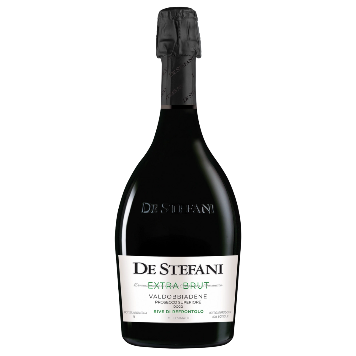 A bottle of De Stefani Rive di Refrontolo Valdobbiadene Prosecco Superiore DOCG Extra Brut 2025 750ml White Wine