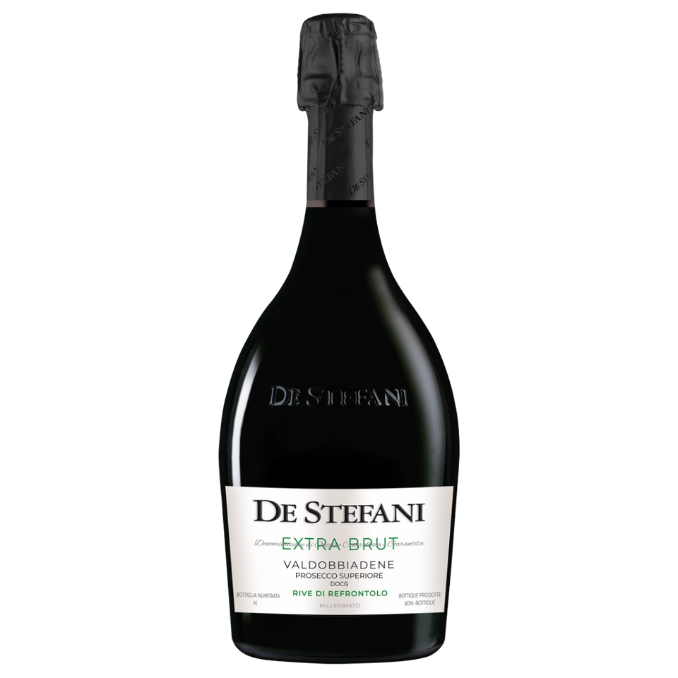 A bottle of De Stefani Rive di Refrontolo Valdobbiadene Prosecco Superiore DOCG Extra Brut 2025 750ml White Wine