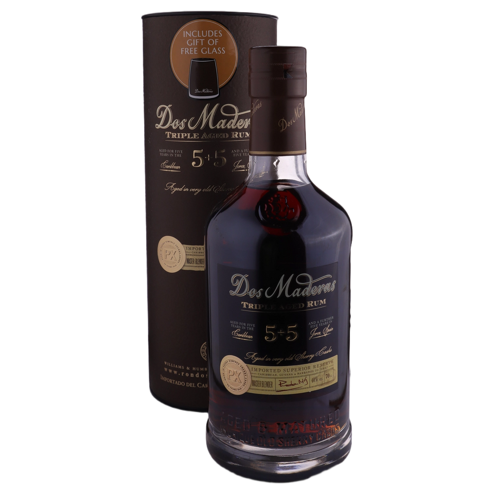 A bottle of Dos Maderas Rum 5yrs+5yrs 40% 700ml