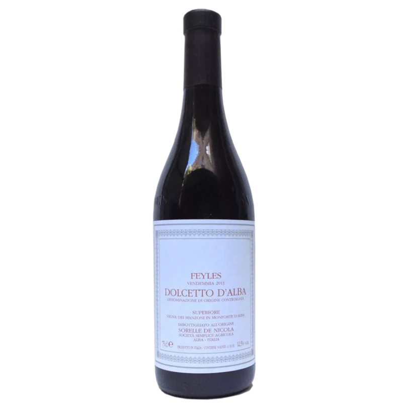 A bottle of Sorelle De Nicola Feyles Dolcetto d'Alba Superiore DOC 2021 750ml Red Wine