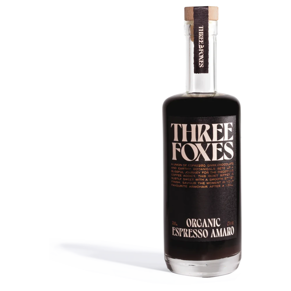 A bottle of Three Foxes Organic Espresso Amaro 23% 700ml