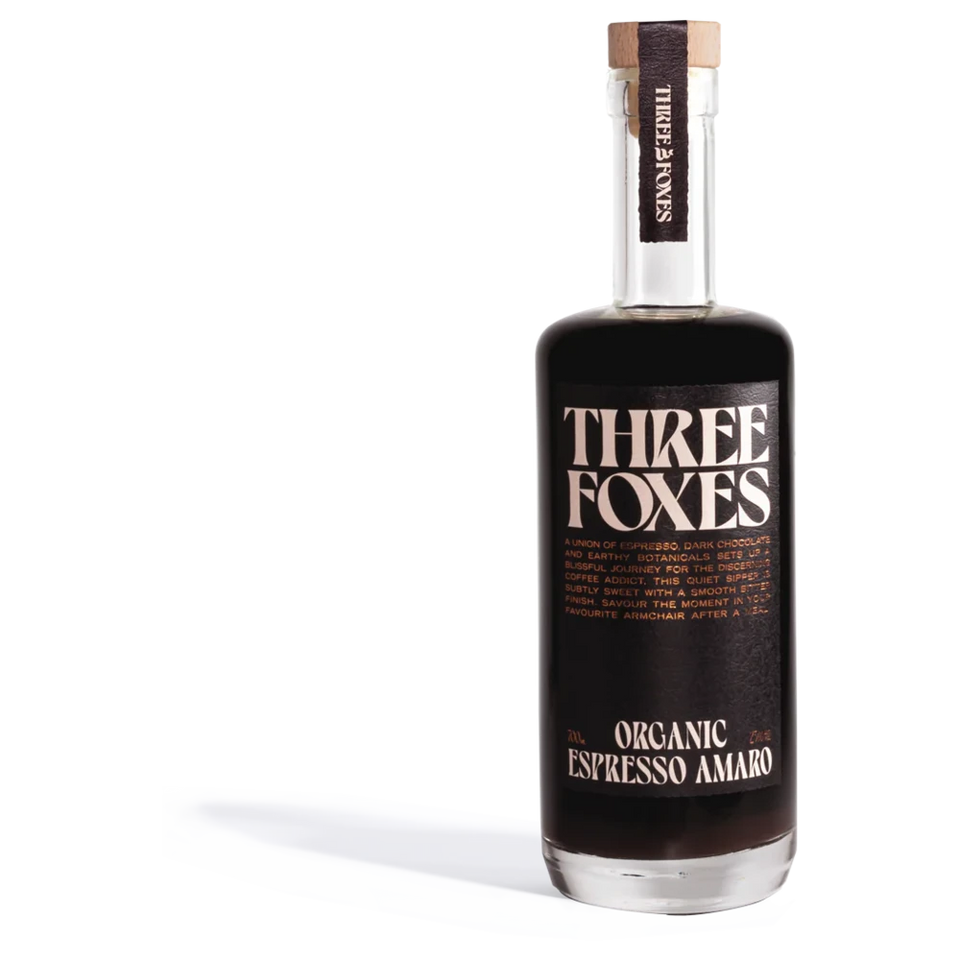 A bottle of Three Foxes Organic Espresso Amaro 23% 700ml