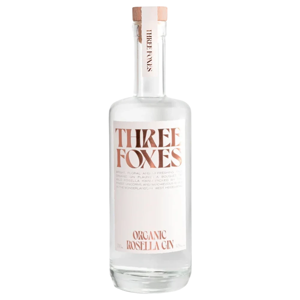 A bottle of Three Foxes Organic Rosella Gin 40% 700ml