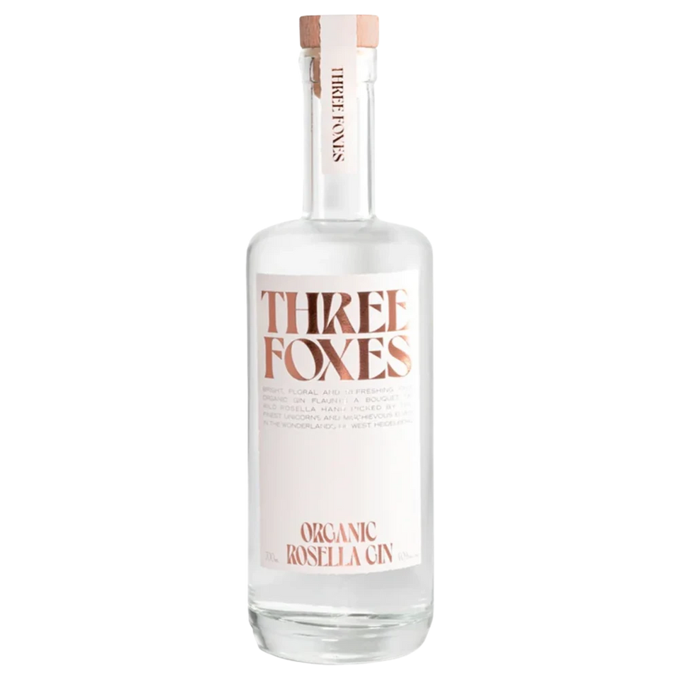 A bottle of Three Foxes Organic Rosella Gin 40% 700ml