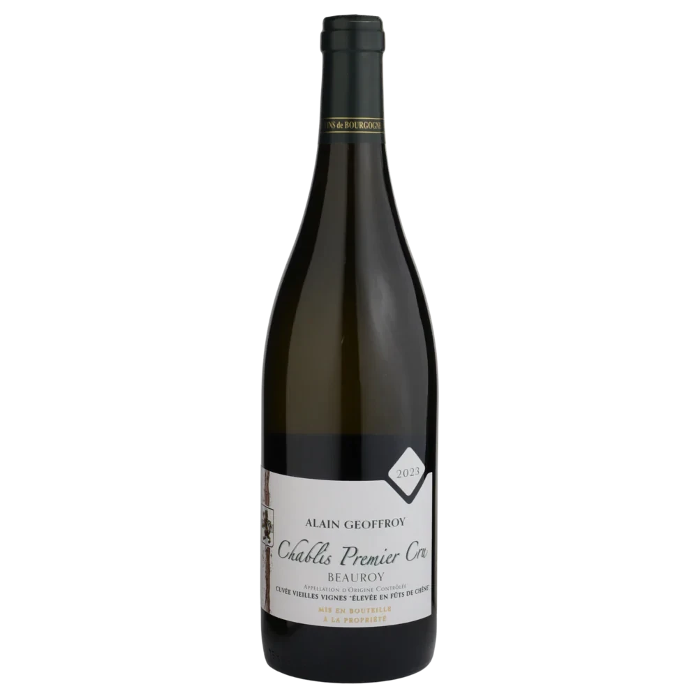 A bottle of 2023 Alain Geoffroy Premier Cru Chablis Beauroy Cuvee Vieilles 750ml White Wine