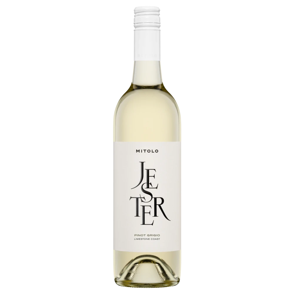 A bottle of 2023 Mitolo Jester Pinot Grigio Limestone Coast 750ml White Wine