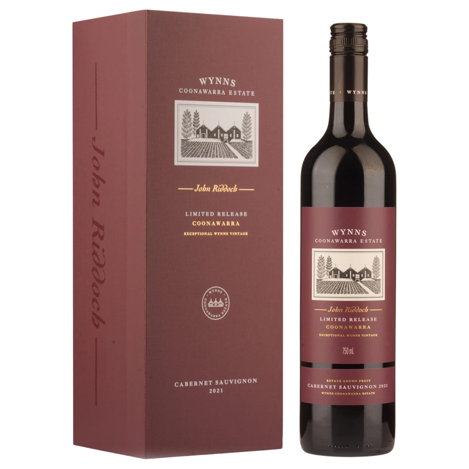 A bottle of Wynns John Riddoch Cabernet Sauvignon 2021 750ml Red Wine