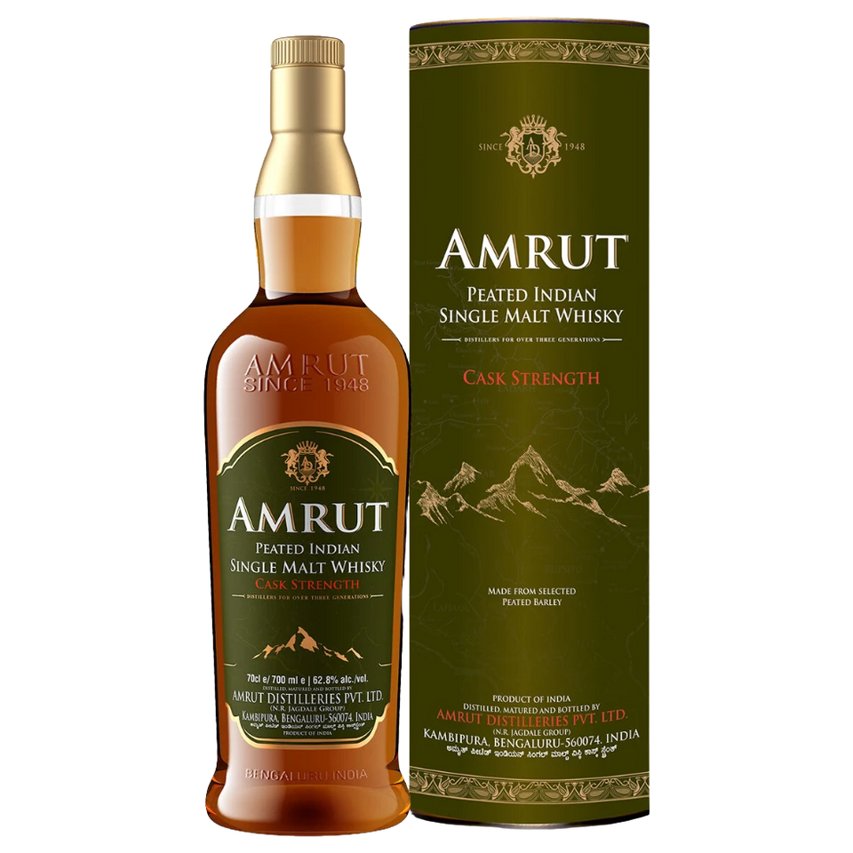 A bottle of Amrut Peated Cask Strength Whisky 62.8% 700mL 700ml