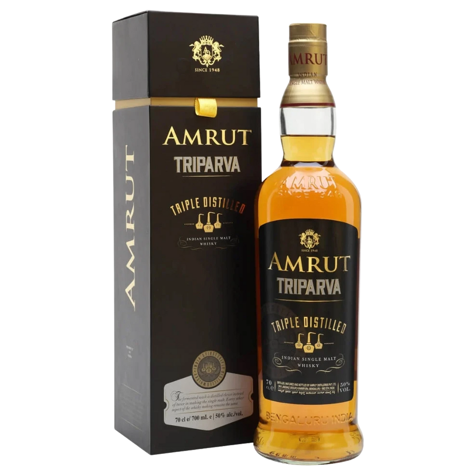 A bottle of Amrut Triparva Triple Distilled Indian Single Malt Whisky 50% 700mL 700ml