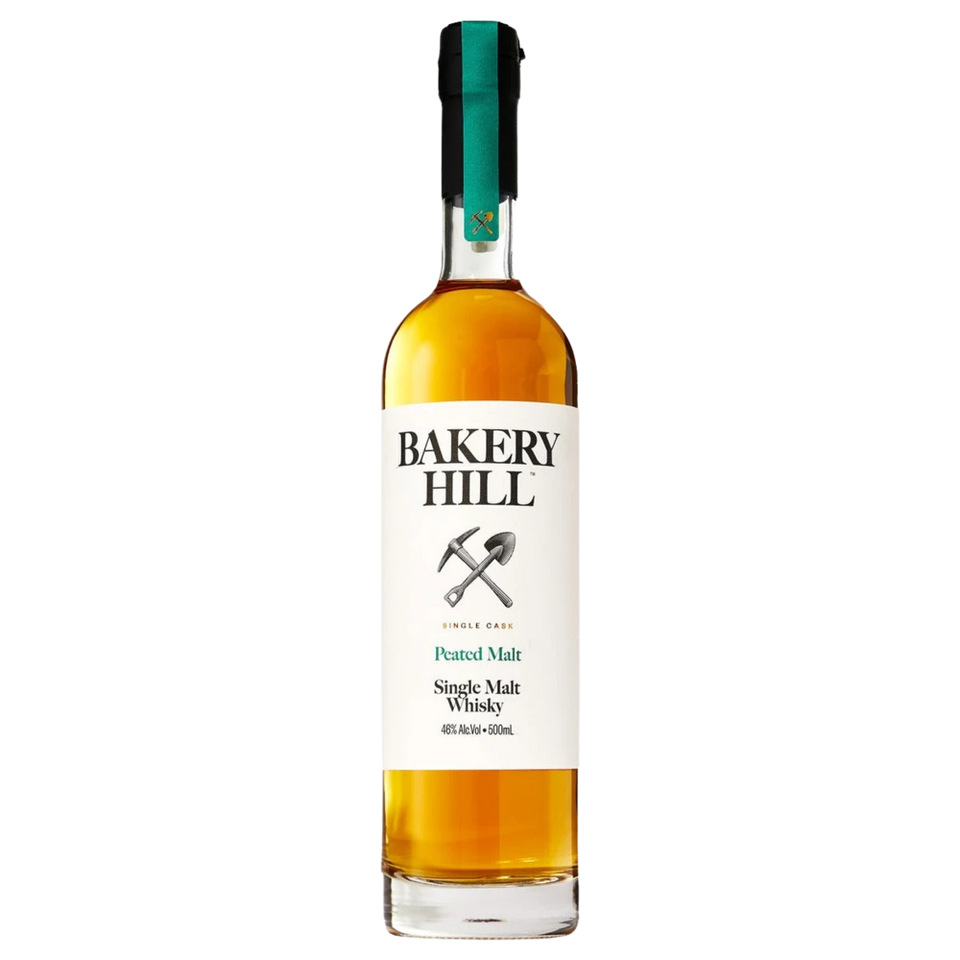 A bottle of Bakery Hill Peated Malt Cask Strength 500ml