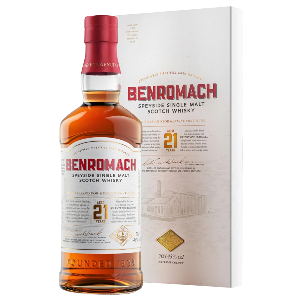 A bottle of Benromach 21Yo Whisky 43% 700mL 700ml