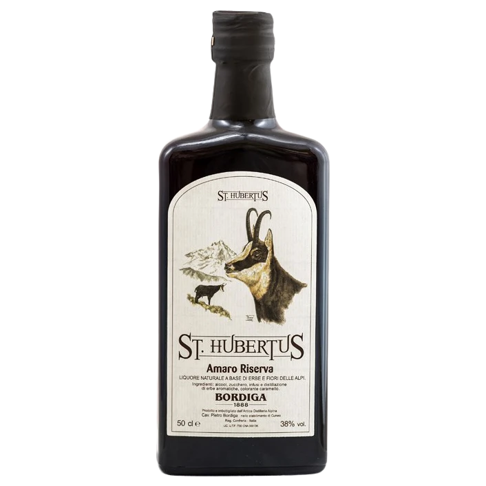 A bottle of Bordiga Amaro Riserva St. Hubertus 38% 700mL 700ml