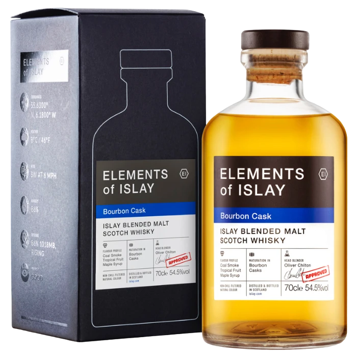 A bottle of Elements Of Islay Bourbon Cask Whisky 54.5% 700mL 700ml