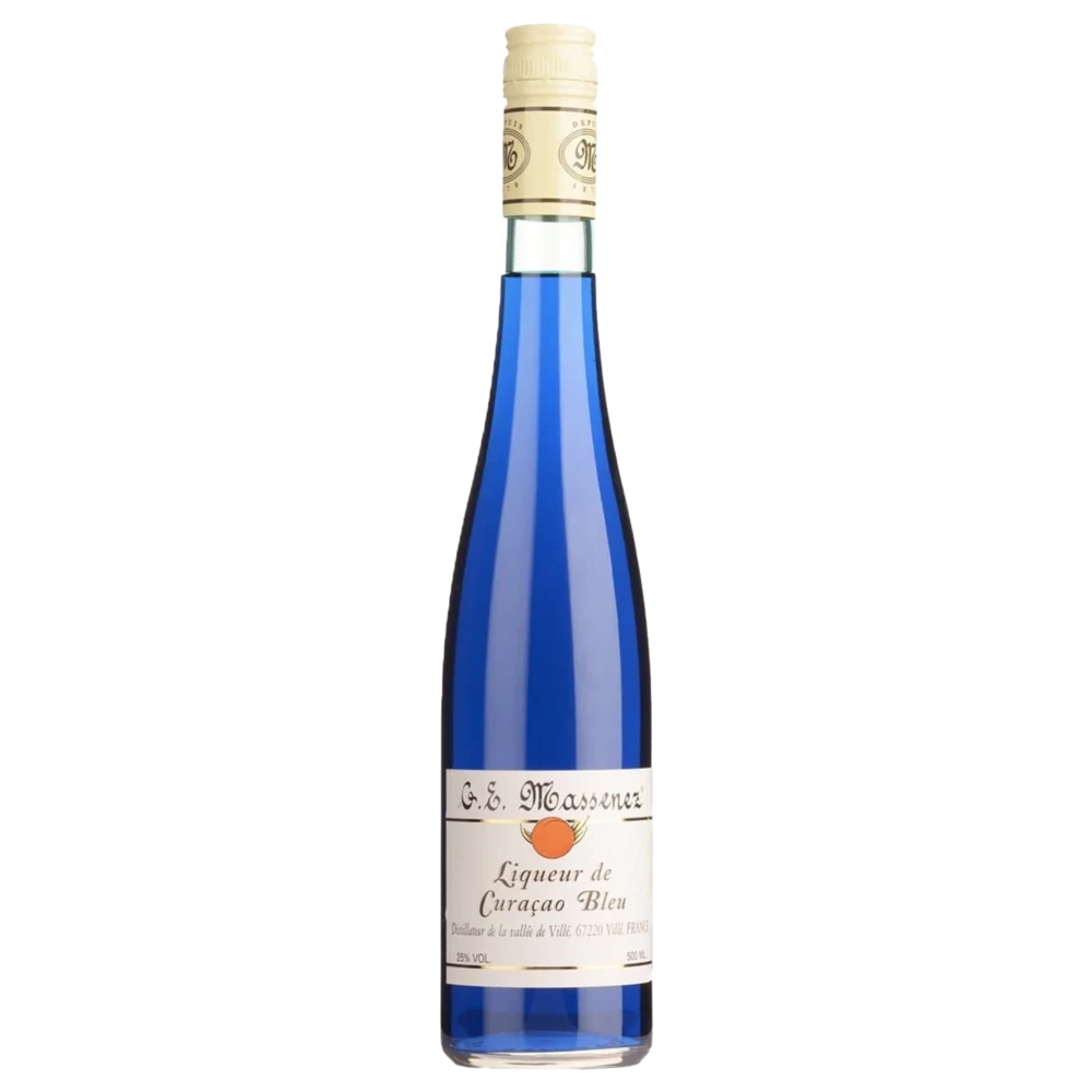 A bottle of Massenez Liqueur Blue Curacao 25% 500ml