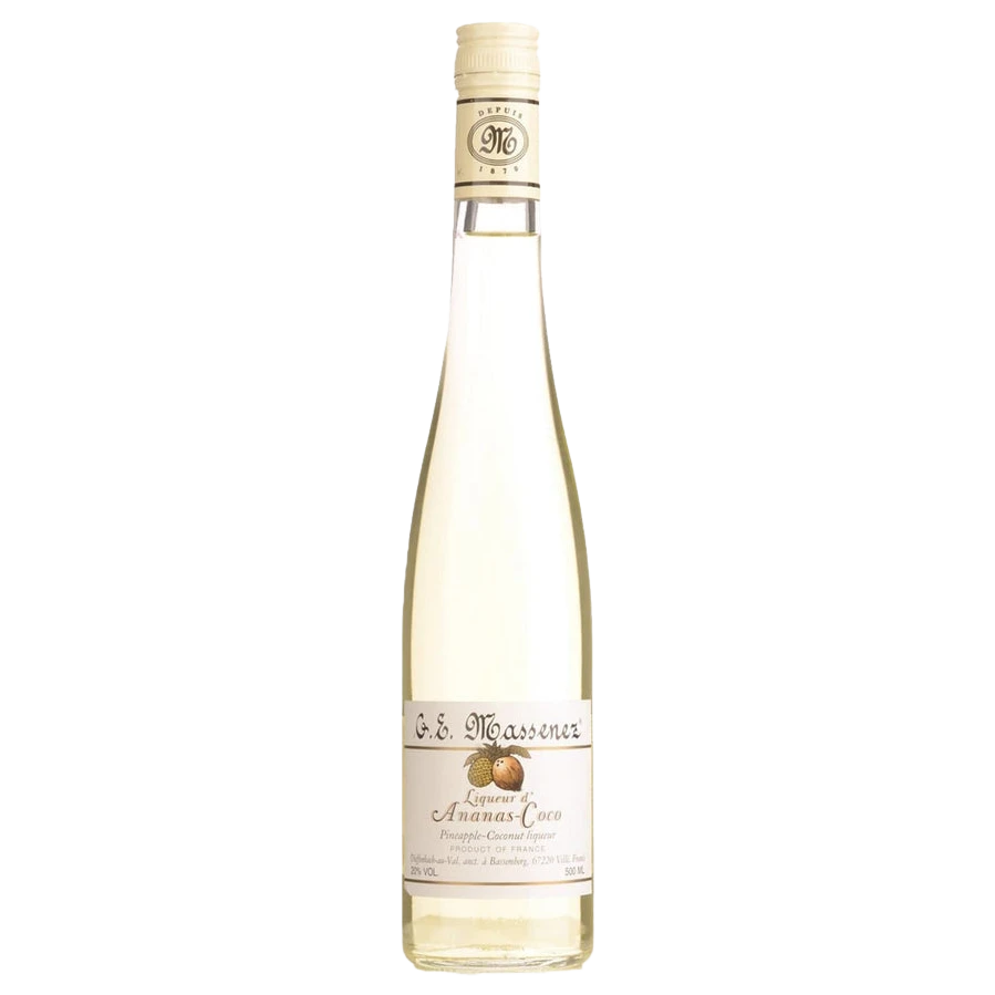 A bottle of Massenez Liqueur De Ananas Coco (Pineapple Coconut) 20% 500ml