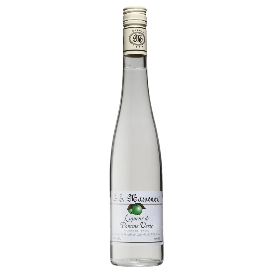 A bottle of NV Massenez Creme de Pomme Verte (Green Apple liqueur)18% 500ml
