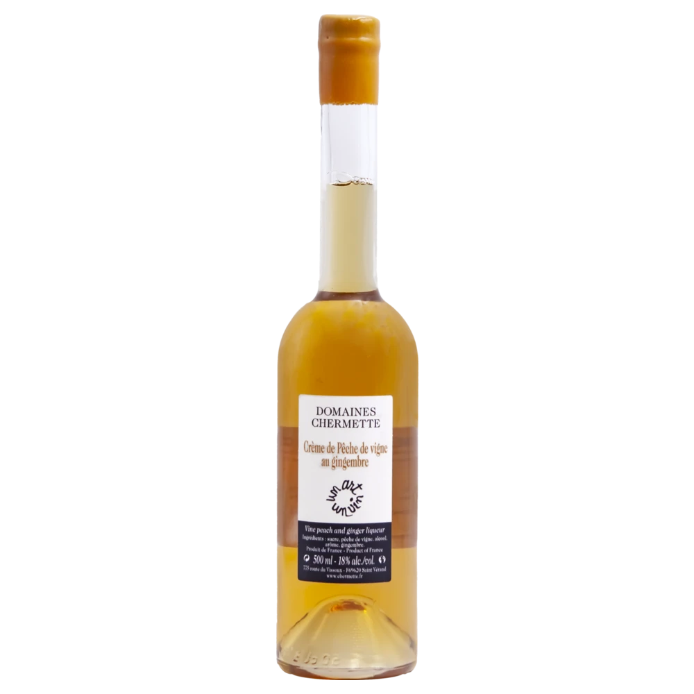 A bottle of NV Pierre Marie Chermette Crème de Pêche de Vigne au Gingembre NV 500ml