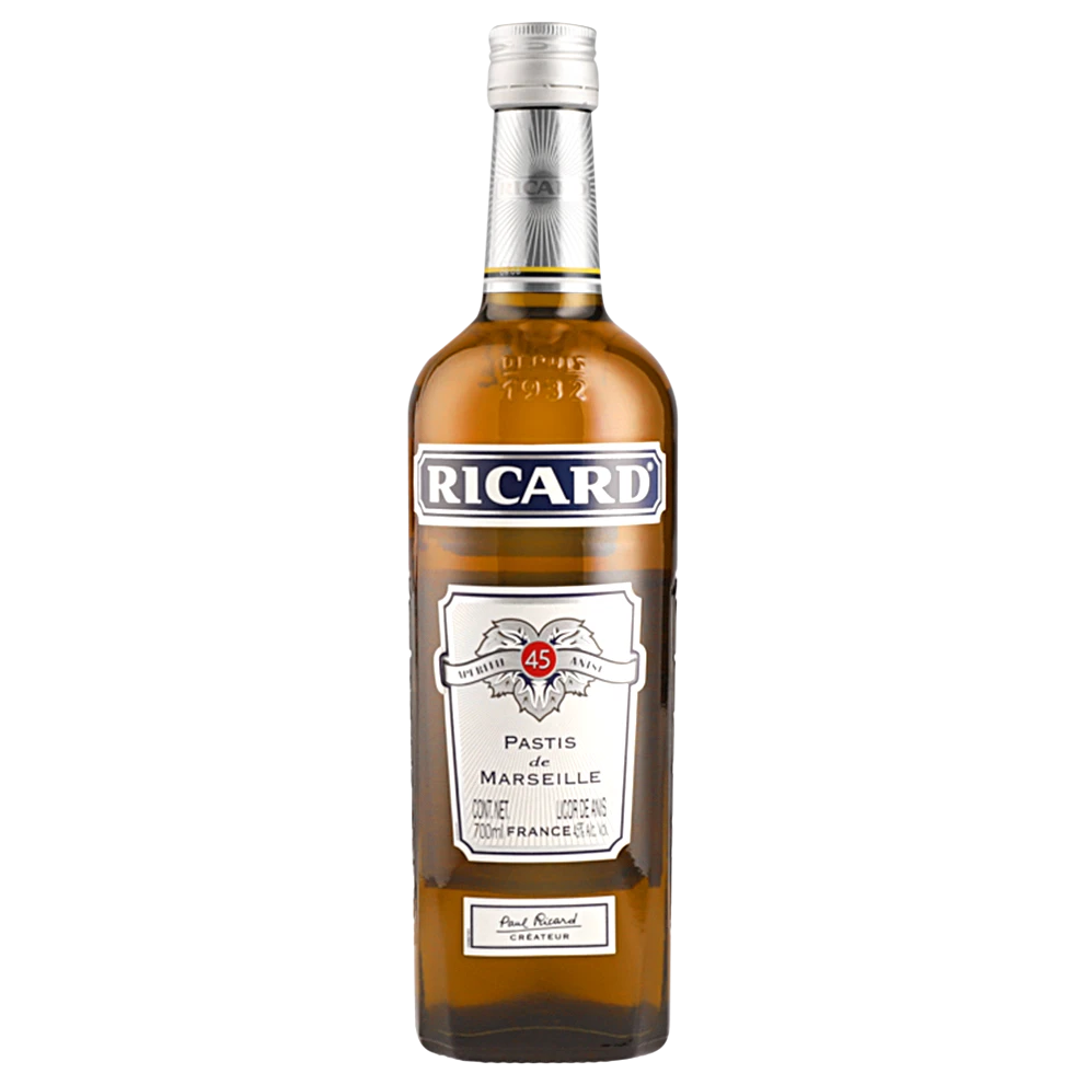 A bottle of Ricard Pastis De Marseille 45% ABV 700mL 700ml