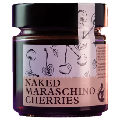 A bottle of White Possum Naked Maraschino Cherries 20% 250g Jar 250ml